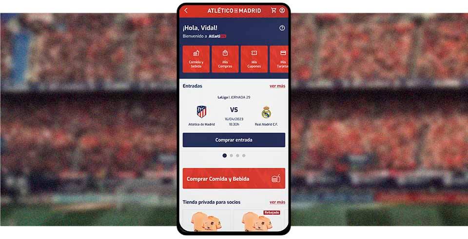 Tela do aplicativo do Atlétido de Madrid com o estádio ao fundo
